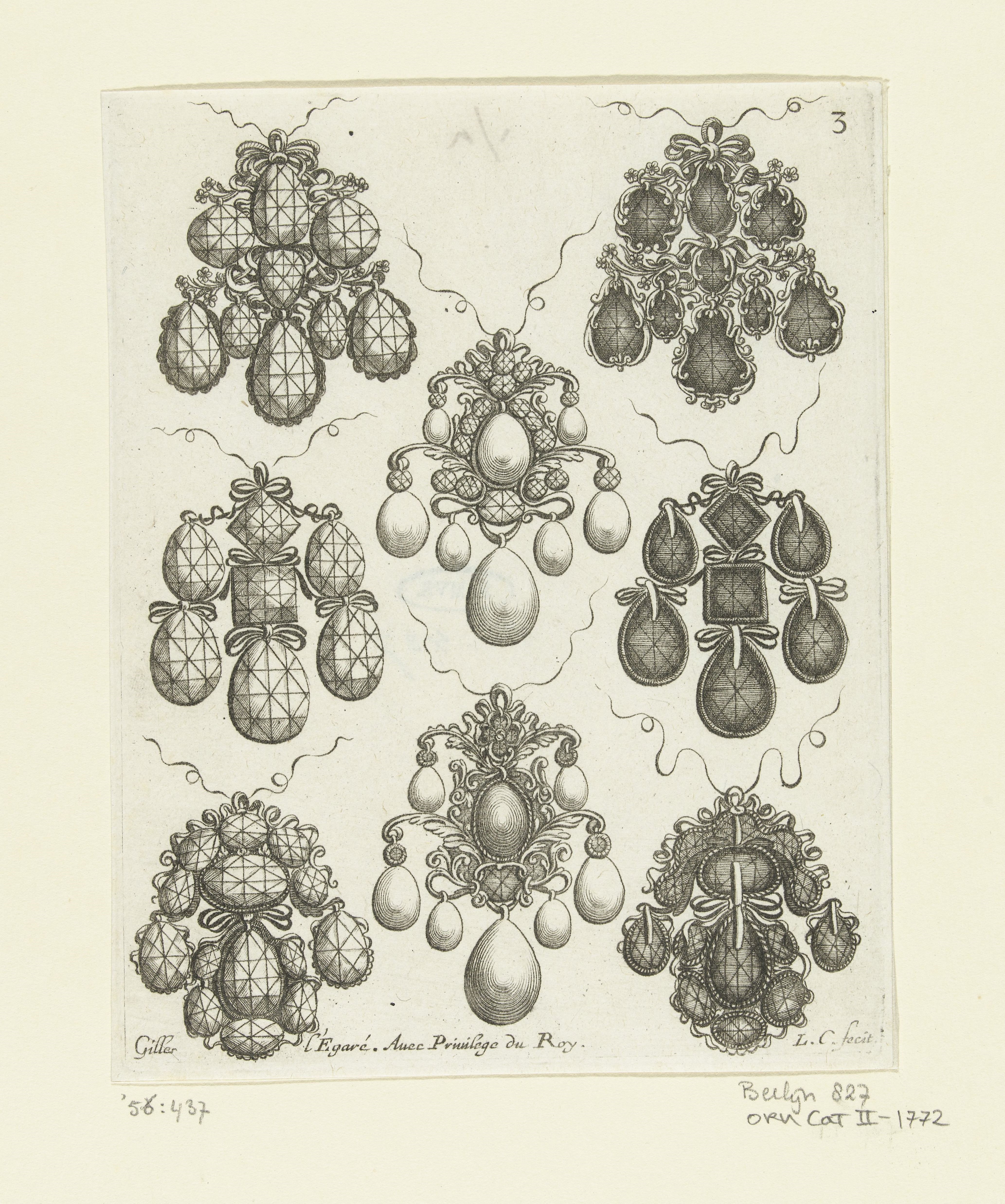 A jeweller’s sketch in brown ink on white paper showing designs for eight ornate pendant earrings.